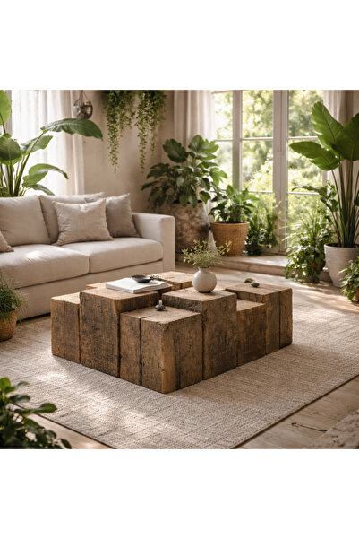 MadamWood Masif Doğal Ahşap Blok Orta Sehpa 90x90 cm | Rustik – Japandi – Wab...