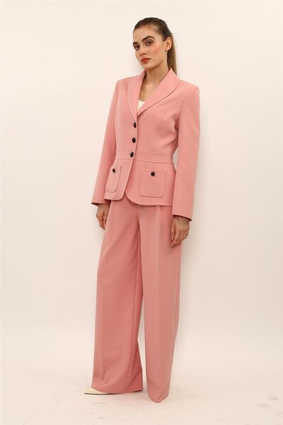 ÖNDER ÖZSOY Shawl Collar Pocketed Sports Jacket & Classic Palazzo Women's Tro...