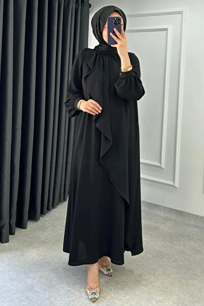 Tesettür Diyarı Rochie Tesettür din țesătură crep Mihri cu volane - Negru