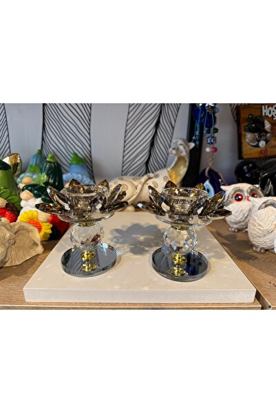 Atak Hediyelik Dekoratif Kristal Nilüfer 2’li mumluk ithal gold