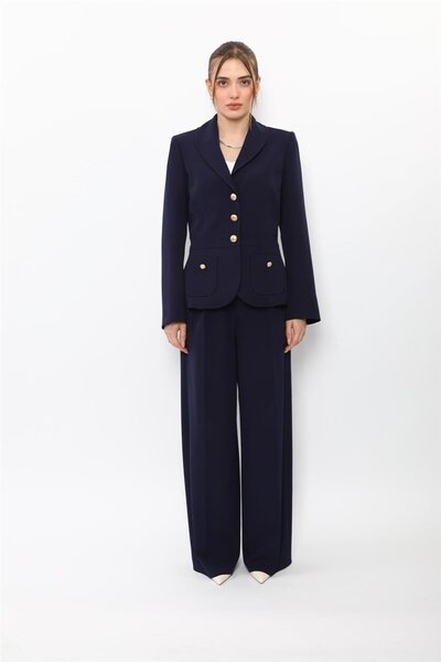 ÖNDER ÖZSOY Shawl Collar Sport Jacket with Pocket & Classic Palazzo Women's T...