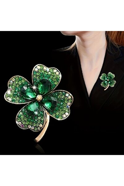 RAHEL Broșă Trifoi pentru Femei, Verde, Placată cu Aur de 18K
