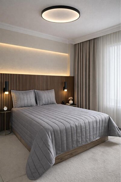 Çeyiz Diyarı Velmira Jacquard Velvet Fiber Filled Bedspread 240X240 cm Gray