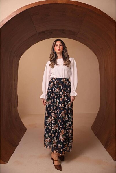 VOICTEC Elastic Waist Lined Floral Patterned Lace Skirt