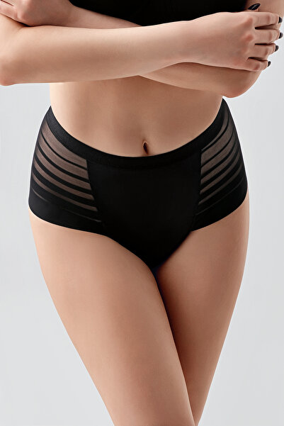 Kompedan Kadın Yüksek Bel Tül Detay Brazilian Külot | Siyah 9302-A