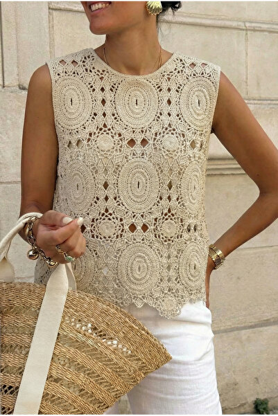 FEMELLE Μπεζ μπλούζα χειροποίητη με βελονάκι