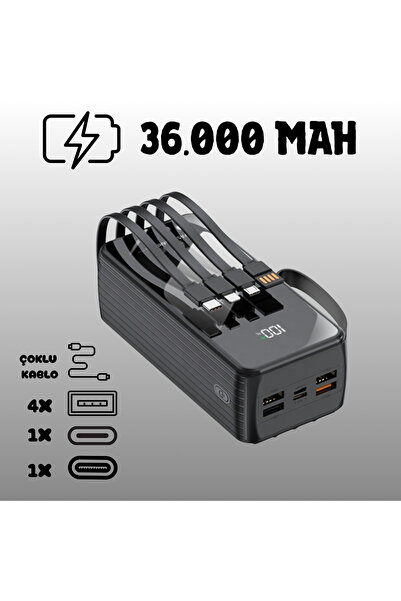 MATECHNO 36.000 Mah Çoklu Kablolu Dijital Gösterge Powerbank Şarj Aleti 4x Us...