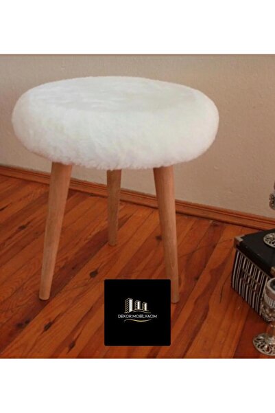 Lunera Mobilya LN Gürgen Ahşap Retro Ayak Dekoratif Beyaz Pelüş Puf Koltuk Sa...