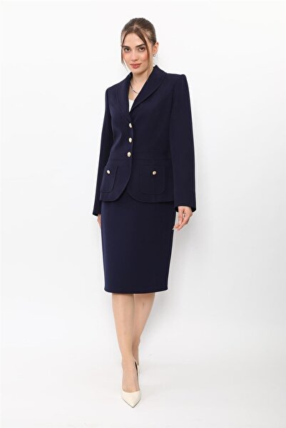 ÖNDER ÖZSOY Shawl Collar Sport Jacket with Pocket & Short Pencil Skirt Women'...