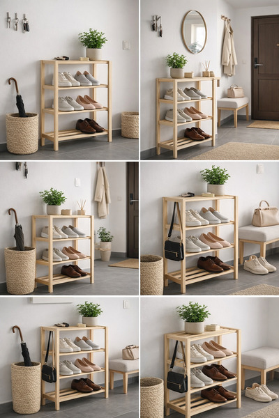 CNRWOOD Doğal Ahşap 4 Katlı Ayakkabılık