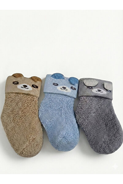 CloudStone Unisex Bebek 3lü Ayıcık Figürlü Yumuşak Havlu Patik Çorap - 0/6 Ay...