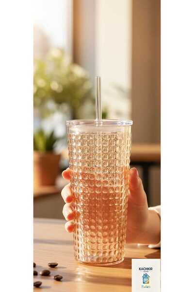 KACHKIRHOME Cam Pipetli Su Bardağı Mug Bal Renkli Kapaklı Hediyelik Kahve meş...