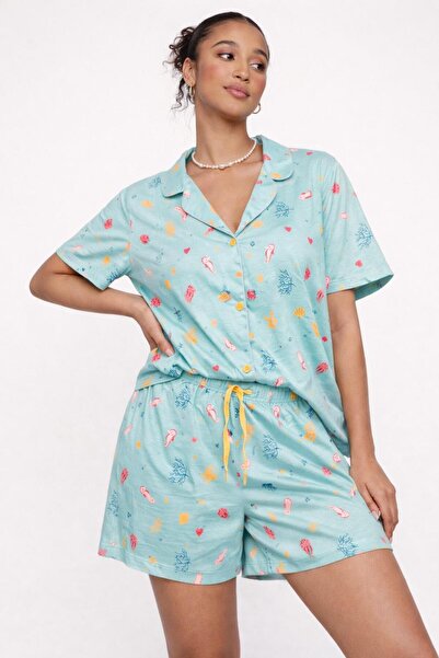 Katia&Bony Women's Sea La Vie Submarine Patterned Buttoned Pajama Set Blue