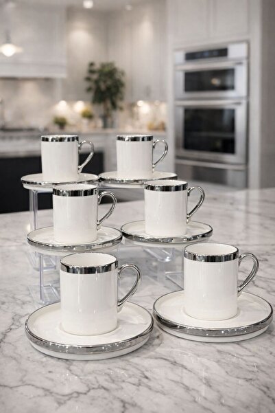 isra kristal Modern Silver Porcelain Turkish Coffee Cup Set - 6-Piece Silver Cup