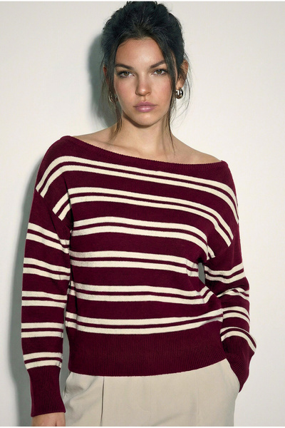 Bianco Lucci Women's Boat Neck Striped Knitwear Sweater 34105 60283909