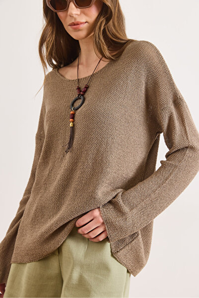 Olalook Women's Mink Boat Neck Mercerized Collared Draped Knitwear Blouse Blz...