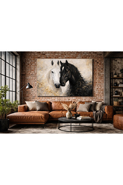 My canvas Siyah Beyaz Atlar Kanvas Tablo | Modern Lüks At Duvar Tablosu | Büy...