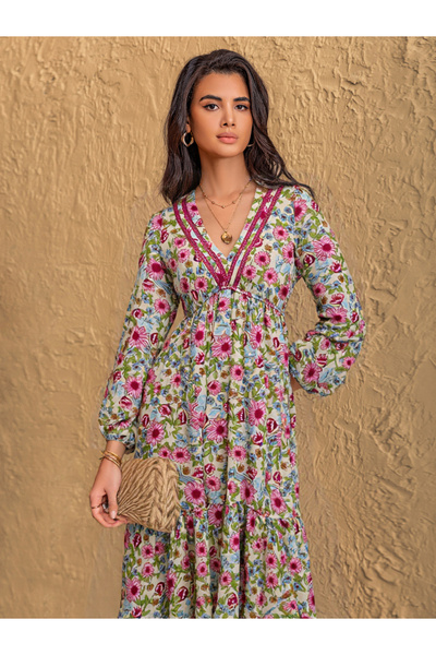 Take Two By Styli Women Floral Maxi Dress with Long Sleeves