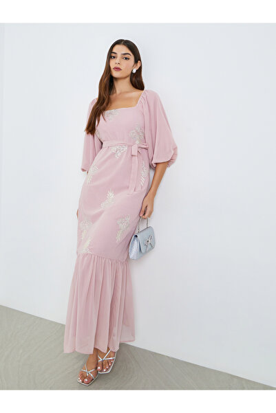 Styli Women Pink Embellished Puff Sleeve Maxi Dress