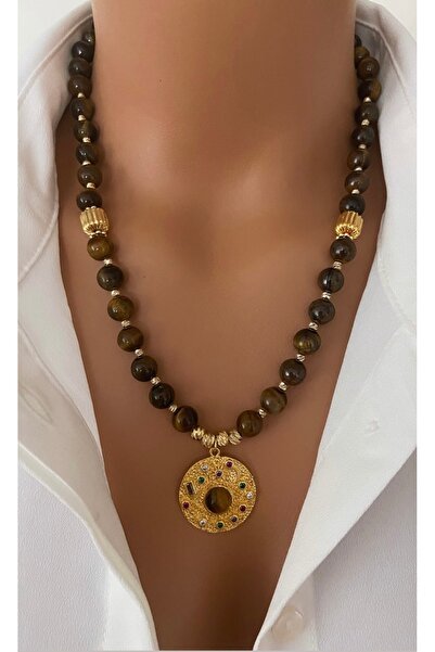 TARZ-I TAKI Natural Stone Brown Tiger's Eye Stone Gold Plated Zircon Stone Sp...