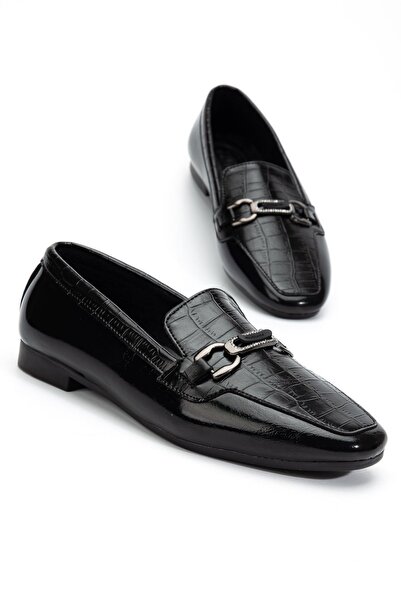 Hayalimdeki Ayakkabı Γυναικείες μαύρες μπαλαρίνες με γυαλιστερό δέρμα κροκόδε...