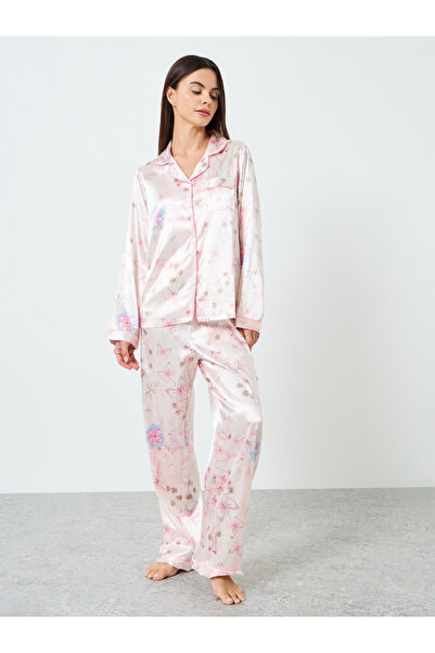Take Two By Styli Women Satin Floral Printed Shirt and Pyjama Set