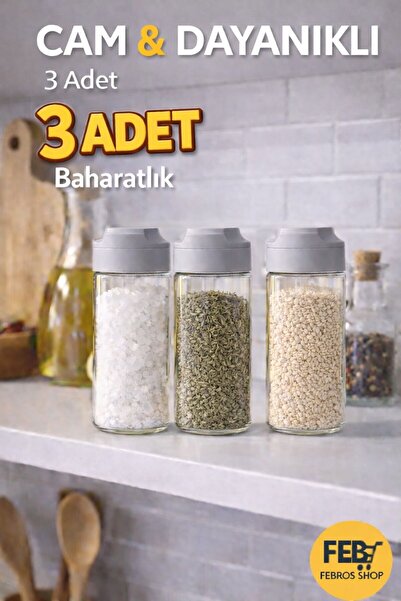 Febros Baharatlık 3 ADET Cam Dayanıklı Tuz Pulbiber Kekik Susam Baharatlığı