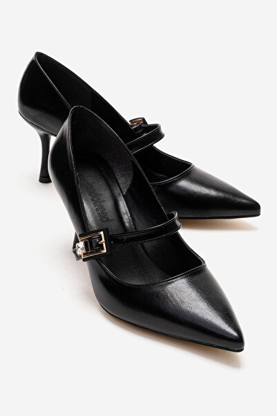CCWAY AYAKKABI Women's Thin Heeled Buckle Pointed Heeled Shoes Black Wrinkled