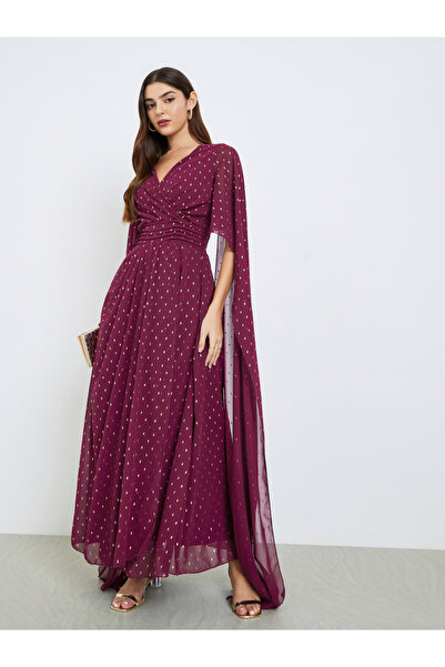 Styli Women Burgundy Foil Print Cape Sleeve Maxi Dress