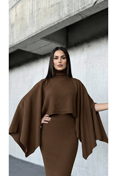 YusGos Women's High-Neck Shawl Bat Model Long Knitwear Dress