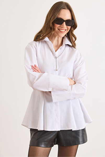 Olalook Women's White Hidden Placket Stitching Detailed Peplum Shirt Gml-1900...