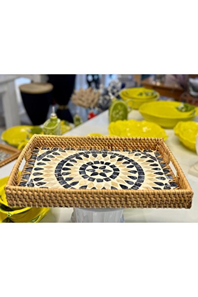 Sever SİYAH BEYAZ GEOMETRİK RATTAN SEDEFLİ TEPSİ 26X36X5CM