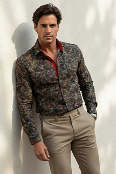 Louis Fabel Red Detailed Wave Pattern Long Sleeve Men's Shirt