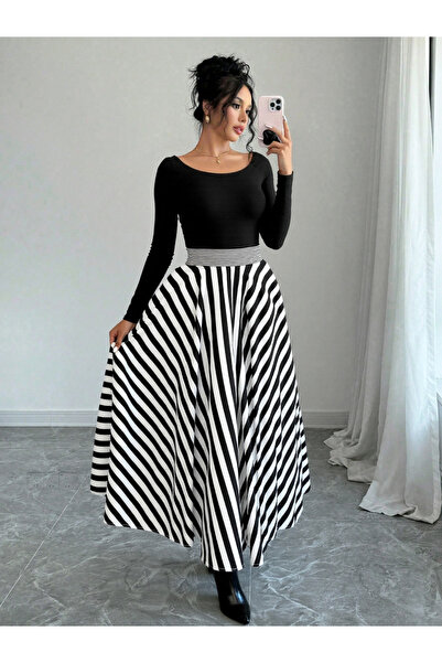 Take Two By Styli Women Black Striped A-Line Maxi Dress