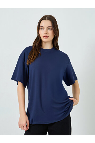 Styli Women Navy Blue Solid Oversized T-Shirt