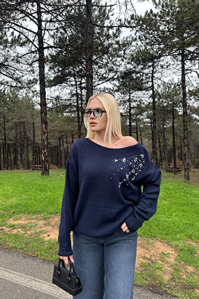 lizge giyim Boat Neck Stone Detail Knitwear Sweater