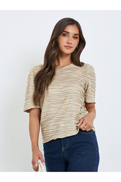 Styli Women Beige Textured Knit Short Sleeve T-Shirt