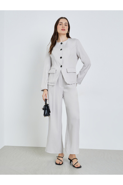 Styli Women Grey Blazer and Wide Leg Pants Co-Ords