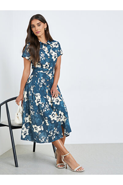 Styli Women Navy Blue Floral Print Shirt Midi Dress