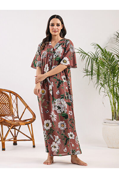 Sanskrutihomes By Styli Women Brown Pure Cotton Printed Nightdress