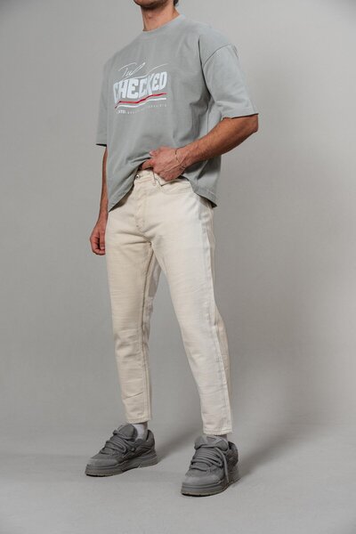 R8 STUDIOS R8 ERKEK GABARDİN KOT PANTOLON KREM JEAN 4088-1