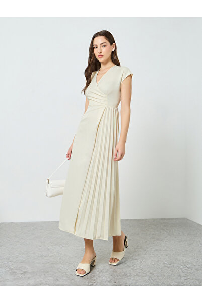 Take Two By Styli Women Cream Pleated Midi Dress