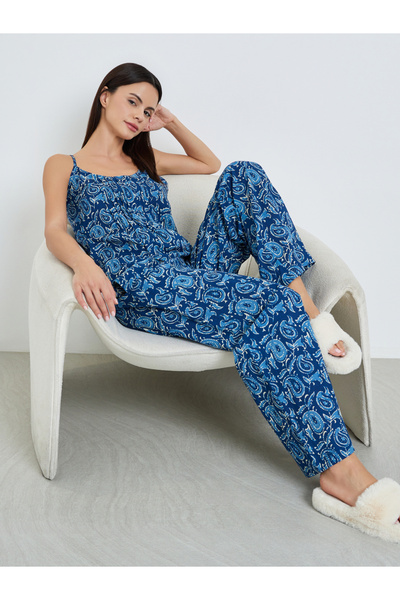 Styli Paisley Pleated Cotton Cami and Wide Leg Pyjama Set