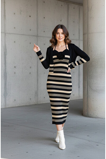 YusGos Women's Crop Cardigan Halter Neck Striped Long Dress