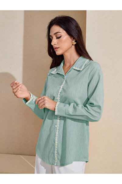 Take Two By Styli Women Teal Floral Trim Long Sleeve Shirt