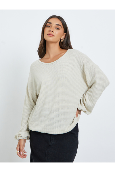 Styli Women Beige Waffle Knit Oversized T-Shirt