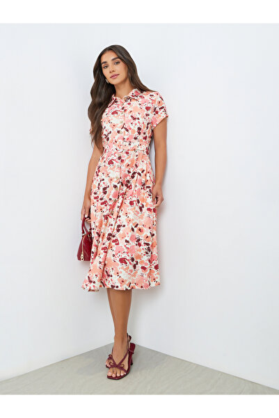 Styli Women Pink Floral Print Shirt Midi Dress
