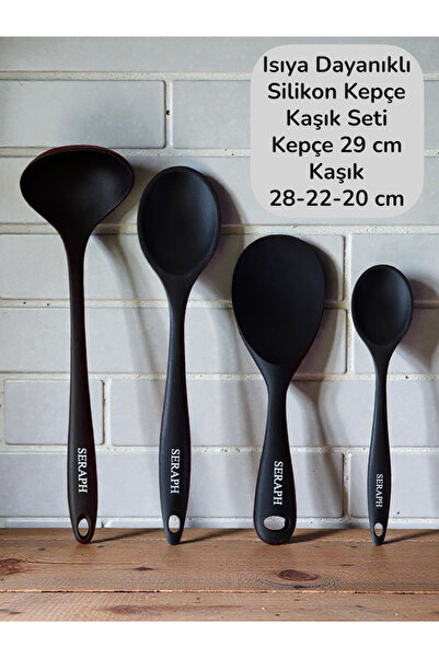 Seraph Isıya Dayanıklı Yanmaz Yapışmaz Silikon Kaşık Seti 4 Parça 28cm/22cm/2...
