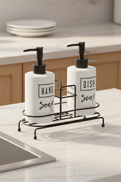 Sevinse Home موزع صابون سائل سيراميك مزدوج مع حامل معدني، طقم موزع صابون مزدو...