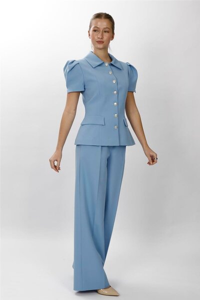 ÖNDER ÖZSOY Shirt Collar Short Sleeve Modern Jacket & Classic Palazzo Women's...